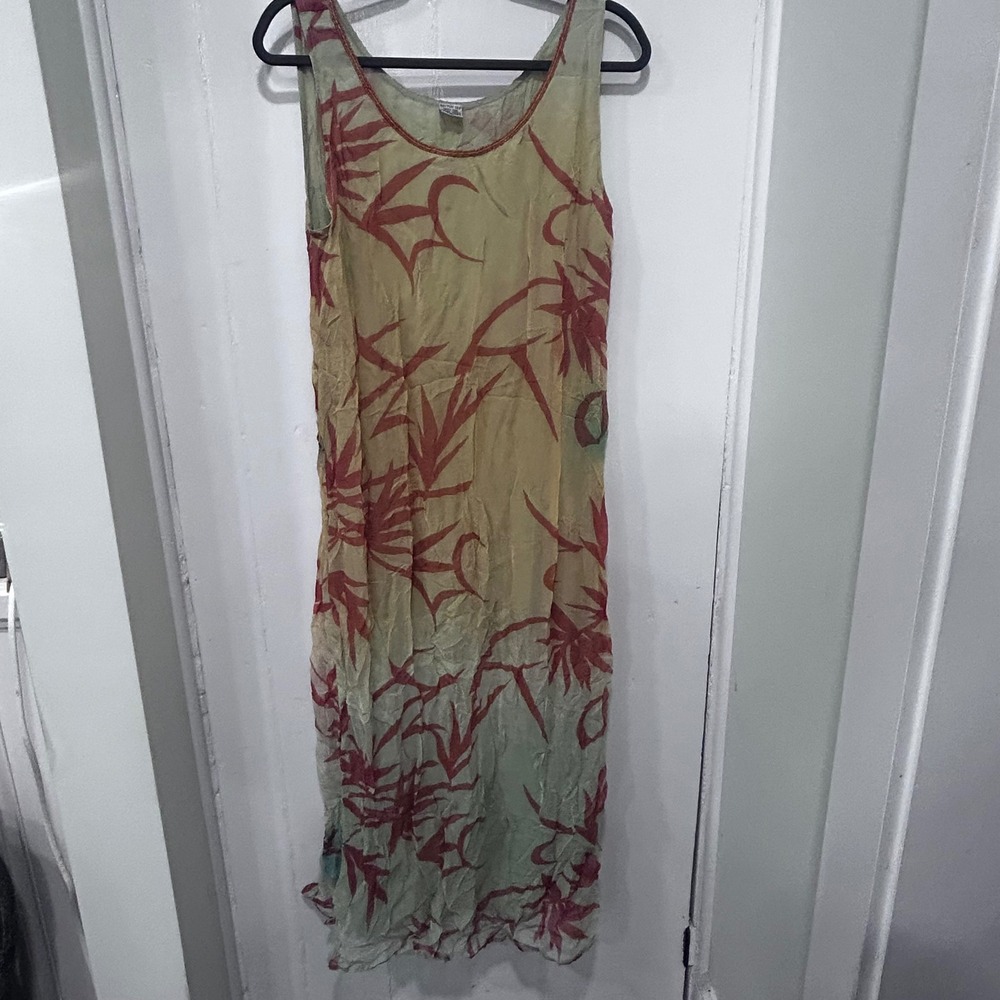 Vintage Pure Silk Tropical Leaf Print Beaded Neckline Midi Dress Green Red S